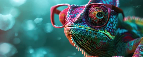 Foto op Plexiglas Portrait of a chameleon with glasses. © Simon
