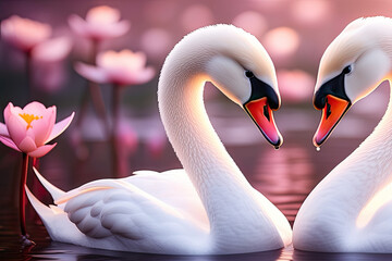 Naklejka premium Two swans together forming a heart with their necks, floating in a serene lake surrounded by water lilies and soft shades of pink and mauve, animals concept, generative ai