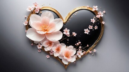 Abstract style card with hearts in gold and black shades, decorated with flowers. Valentine's Day, Mother's Day, Women's Day. Generative AI