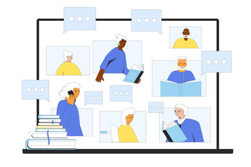 Senior book club online. Elderly people reading together and communication remote. Retirement community helps for lifestyle dealing with loneliness and boredom.Vector illustration