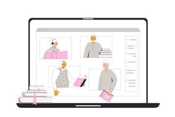 Retirement book club online. Internet library community. Book discussion. Elderly people reading together and communication remote.