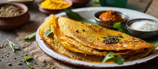 South Indian gluten-free meal of rice and urad dal crepes with Fenugreek seeds, served on a white enamel plate. - obrazy, fototapety, plakaty