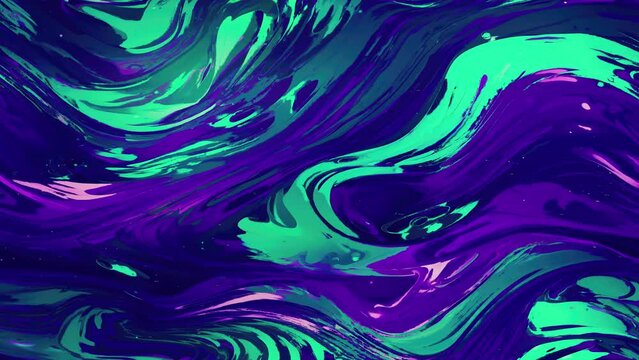 Abstract acrylic painting green and purple swirling pattern animated in loop. Loop animation scroll horizontal with waves turbolence moves