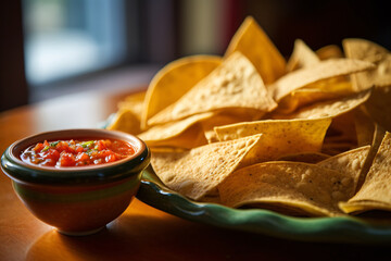Tortilla chips on plate with salsa dip - obrazy, fototapety, plakaty