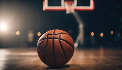 Basketball on Court with Hoop in Background - obrazy, fototapety, plakaty