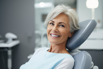 Patient Wird in einer Zahnarztpraxis von einem Zahnarzt behandelt, moderne und helle Praxis - obrazy, fototapety, plakaty