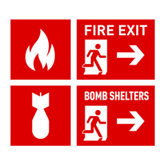 Set of Two Red Evacuation Signs - Fire Exit, and Bomb Shelters. The Signs Show the Direction of the Escape - 700348417
