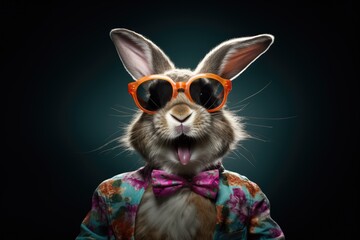 Fototapeta premium Cool Easter bunny with sunglasses and a bow tie in front of a colorful background.