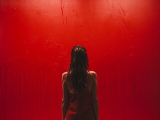 Fototapeta premium Silhouette of woman standing backword in front of camera and looking at the hypnotized color wall