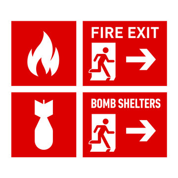 Set of Two Red Evacuation Signs - Fire Exit, and Bomb Shelters. The Signs Show the Direction of the Escape