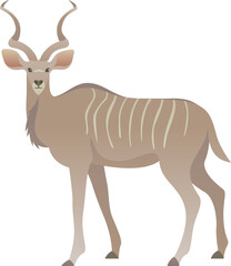 Flat minimalist color illustration of kudu standing. African exotic wild animal clipart isolated on white background.