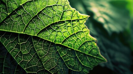 Close-up of a green leaf, structure and texture background with place for text. Concept of eco-friendly, ecology and healthy environment - obrazy, fototapety, plakaty