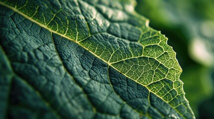 Fototapeta premium Close-up of a green leaf, structure and texture background with place for text. Concept of eco-friendly, ecology and healthy environment