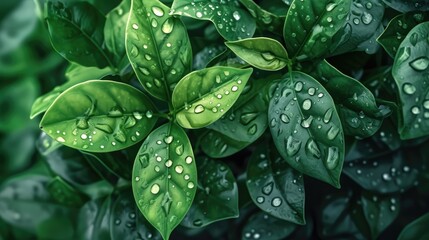 Close-up of  green leaves with water drops. Concept of eco-friendly, ecology and healthy environment