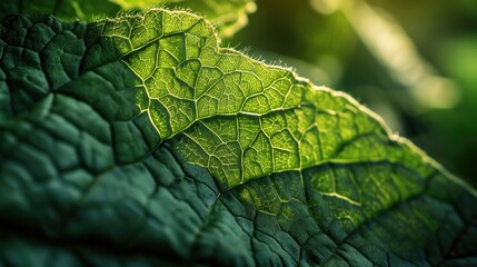 Obraz premium Close-up of a green leaf, structure and texture background with place for text. Concept of eco-friendly, ecology and healthy environment