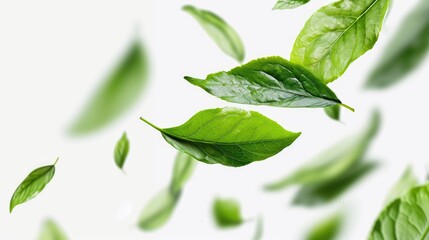 Fototapeta premium Green flying leaves isolated on white background. Fresh tea, air purifier, organic, vegan, eco or beauty product concept design banner