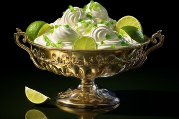 Realistic image of melting lime ice cream in a fancy bowl. Generative AI