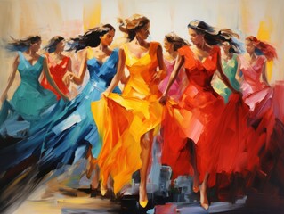 Watercolor of bunch of woman in vibrant color dresses rushing in front of camera