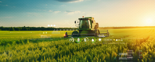 irrigation tractor driving spraying or harvesting an agricultural crop at sunset with information infographic data datum as banner design for agriculture industry and food supply production concepts