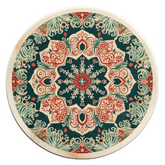 a round green badge, with floral ornamental pattern on it on a transparent background.