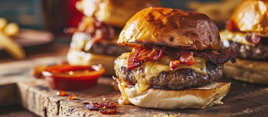 Delicious burger topped with bacon and pepper jack cheese. - Powered by Adobe