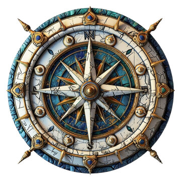 Blue, gold and ivory compass isolated on a transparent background