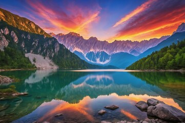 Sunrise over snowy mountain peaks and a lake