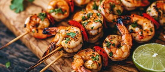 Top view of wooden skewers with spiced shrimp kebabs, no people, with lime. - obrazy, fototapety, plakaty