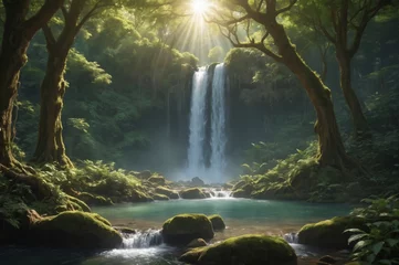  Waterfall in lush green forest with sun rays © Perfect-AI