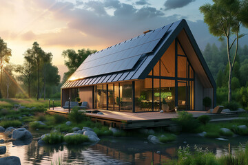 Obraz premium Modern eco friendly passive house with solar panels on the gable roof, summer time