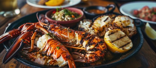 Grilled Puerto Rican seafood plate with sliced Caribbean lobster, following local traditions.