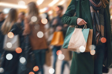 A girl in a green coat with a shopping bag against a background of blurred lights and figures in a busy shopping center.