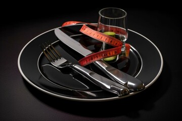 Weight scale and tape measure over dinner fork and knife on the plate. Generative AI
