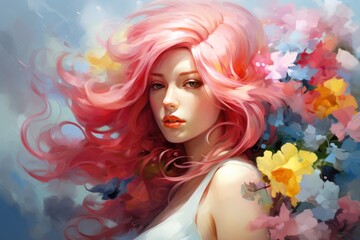 Pretty Caucasian woman with pink hair and flowers. Romantic lady. Illustration in style of oil painting. Postcard, greeting for International Womens Day. Valentine day. Wall decor, print.