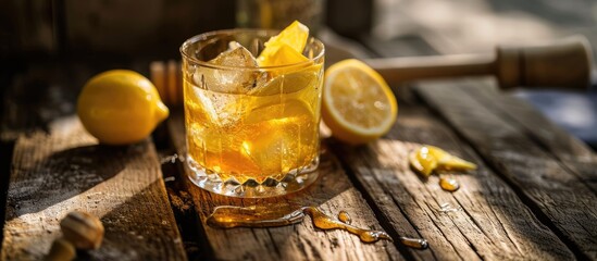 Whiskey cocktail with lemon, honey, and ginger syrup in a clear glass on a wooden table.