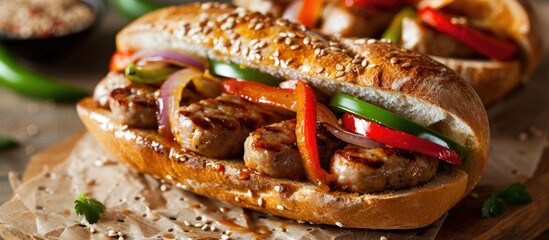 Hoagie sandwich with sausage, onions, peppers, and sesame seeds. - obrazy, fototapety, plakaty