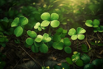 Green background with three-leaved shamrocks, Lucky Irish Four Leaf Clover in the Field for St. Patricks Day holiday symbol. with three-leaved shamrocks, St. Patrick's day holiday. Generative AI