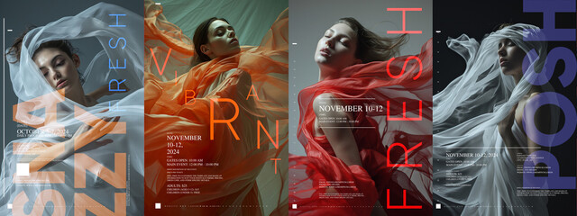 Typography poster design. Four fashion portraits overlaid with bold typography, promoting events with dates, times, and pricing details, modern design style against a dark backdrop.
