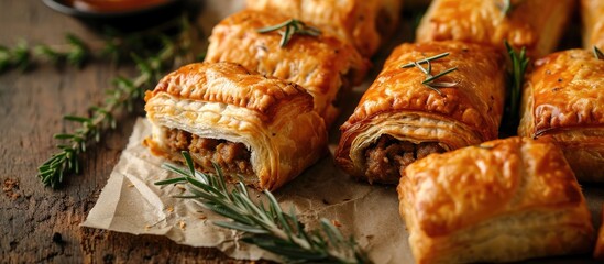 Puff or flaky pastry filled with cooked sausagemeat, a traditional snack of freshly baked pork sausage rolls. - obrazy, fototapety, plakaty