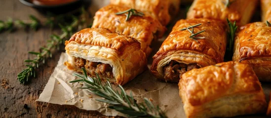 Foto op Plexiglas Puff or flaky pastry filled with cooked sausagemeat, a traditional snack of freshly baked pork sausage rolls. © TheWaterMeloonProjec