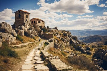 Hiking to the historic Treskavec Monastery in Prilep, North Macedonia. Generative AI - obrazy, fototapety, plakaty