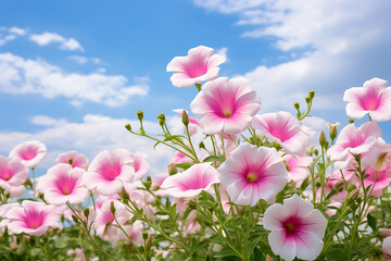 White and Pink Petunias Against a Blue Sky - obrazy, fototapety, plakaty