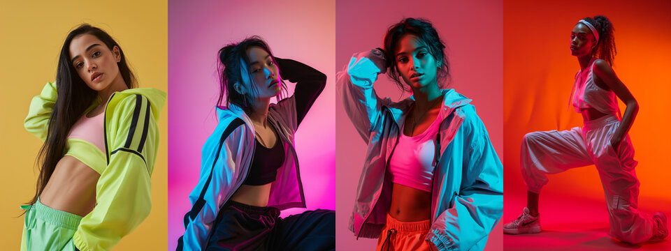 The wide image displays four diverse women in vibrant sportswear against colorful backgrounds, each striking a confident pose that highlights the athletic fashion style.