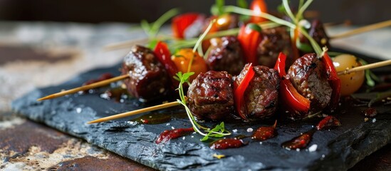 Classic Spanish tapa skewer with Burgos blood sausage and red peppers.
