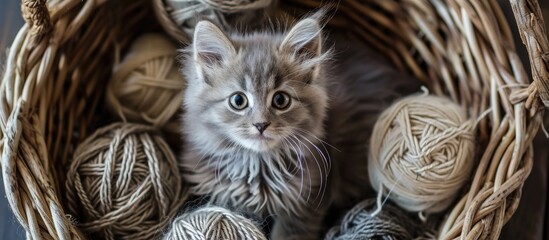 Small gray kitten in basket surrounded by thread loops, viewed from above. - obrazy, fototapety, plakaty