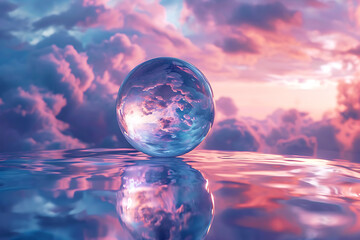 Sphere Reflection on Water at Sunset. Horizontal illustration