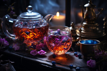 Herbata a drink obtained by brewing, boiling or infusing prepared tea leaves beloved beverage black green warm hot beautiful cozy aromatic autumn relax ceremony calm ritual copy space poster banner.