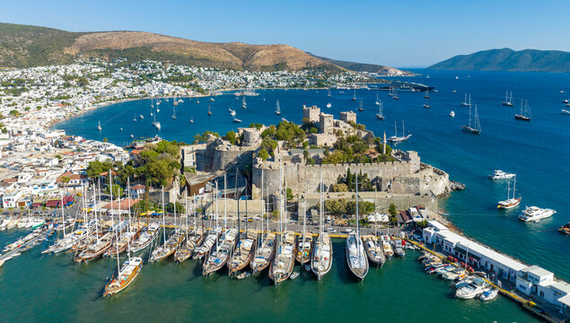 Aerial view of Bodrum on Turkish Riviera. View on Saint Peter Castle Bodrum castle and marina