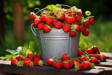 A bucket full of freshly picked strawberries in summer garden. Strawberry berries in a bucket on a strawberry bed.