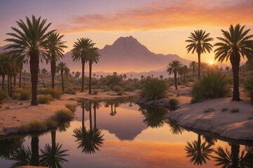 A serene sunrise at a desert oasis
